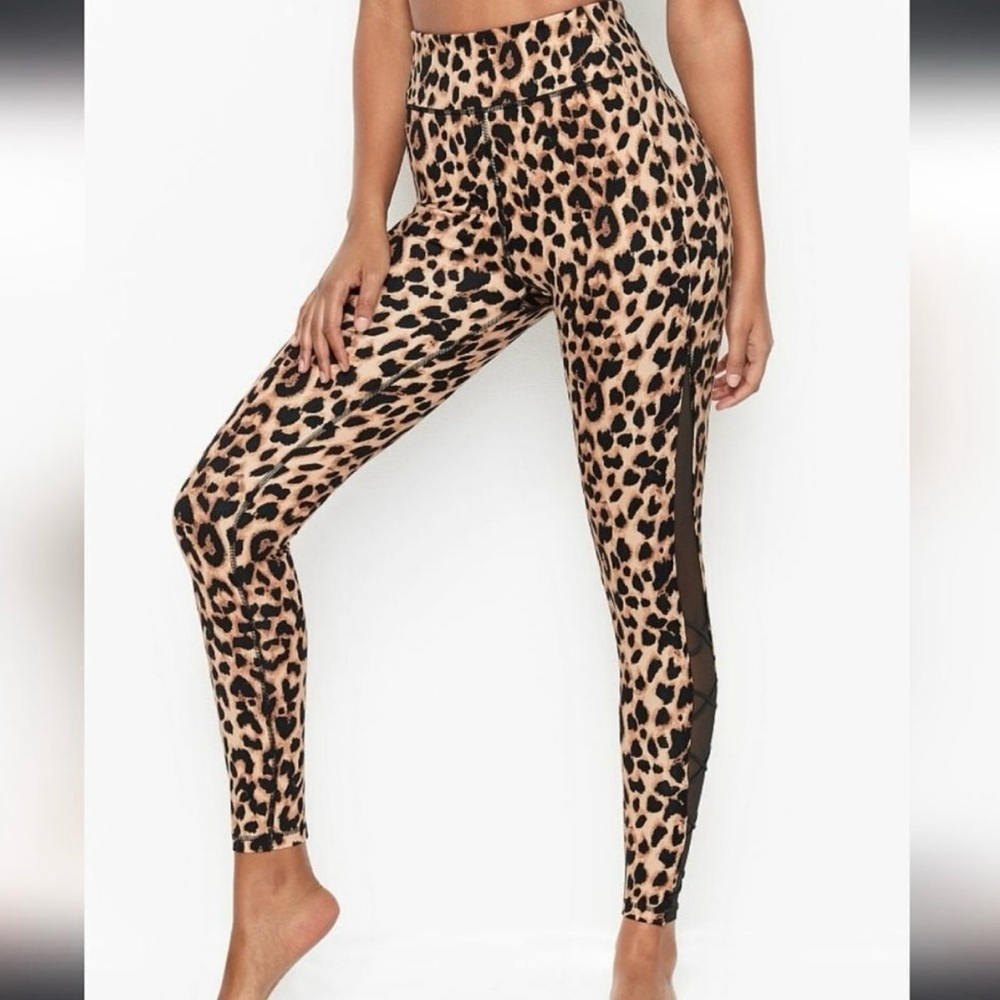 VICTORIAS SECRET Tan Black Incredible Cheetah High Waist Lace Panel Leggings 8